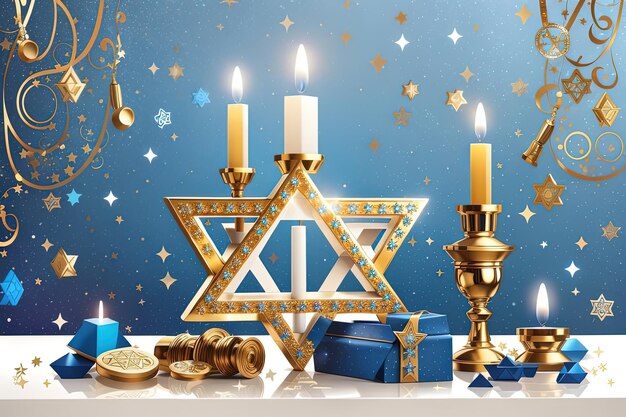 Feest van de lichten Chanoeka Ster Menorah en Vreugdevolle achtergrond