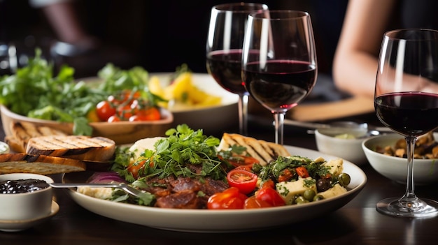 Feest van Smakentafel met Borden met Voedsel en Glazen Generatieve AI