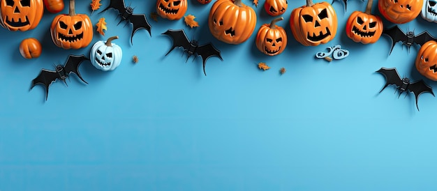 Feestdecoraties met Halloween-thema op een blauwe achtergrond Uitnodigingskaartmodel voor een feest met kopieerruimte
