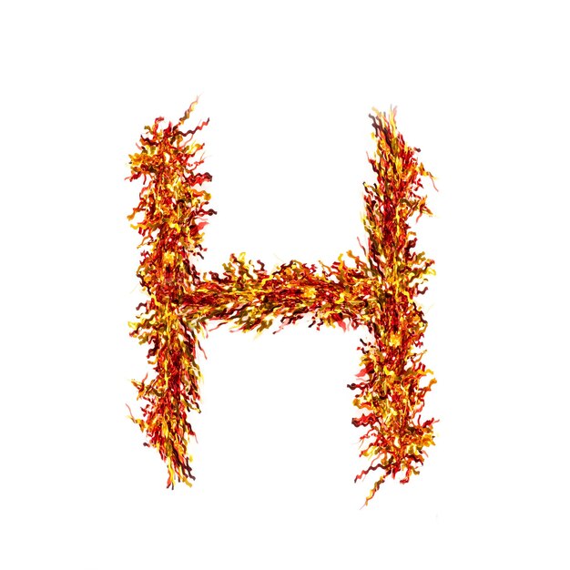 Foto feestelijk alfabet gemaakt van rood en geel klatergoud letter h op witte achtergrond geïsoleerd