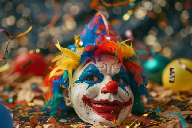 Feestelijk clownmasker met confetti bokeh