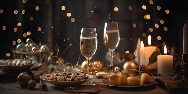 Foto feestelijk gedekte tafel met glazen champagne en snacks kerstboom met bokeh op achtergrond