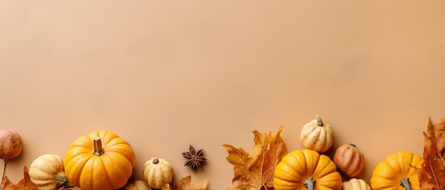 Feestelijk herfst- en Happy Thanksgiving-decor van pompoenen, bessen en bladeren Ai Generated