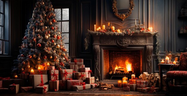 feestelijk kerstinterieur van een huis met een kerstboom en nieuwjaarscadeaus bij de open haard