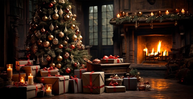 feestelijk kerstinterieur van een huis met een kerstboom en nieuwjaarscadeaus bij de open haard