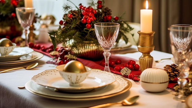 Feestelijk tafeldecor Kerstvakantie viering tafellandschap en eettafel setting Engelse landdecoratie en woonstylinginspiratie