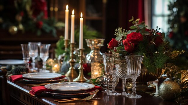 Feestelijk tafeldecor Kerstvakantie viering tafellandschap en eettafel setting Engelse landdecoratie en woonstylinginspiratie
