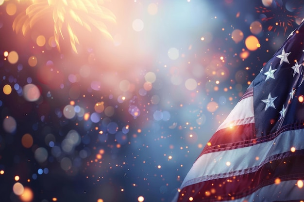 feestelijk vuurwerk op de achtergrond van de Amerikaanse vlag op de Amerikaanse Onafhankelijkheidsdag