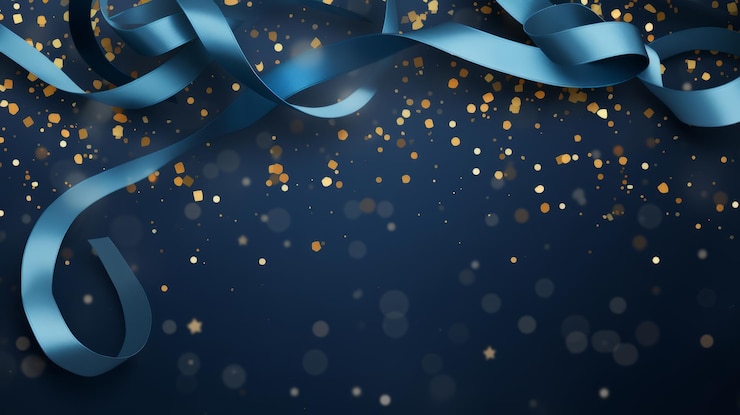 Foto feestelijke achtergrond met blauwe confetti en serpentine