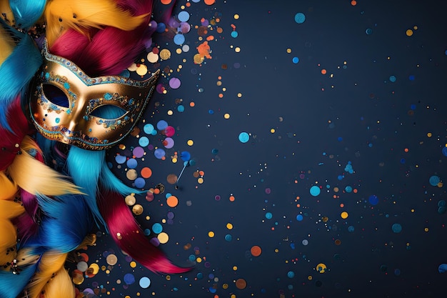 Feestelijke achtergrond met masker carnaval en confetti op blauwe kopie ruimte