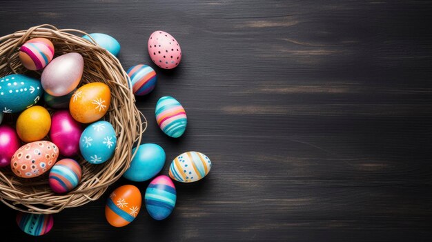 feestelijke achtergrond met ruimte voor tekst paaseieren bovenkant in een rieten nest op een donkere houten tafel