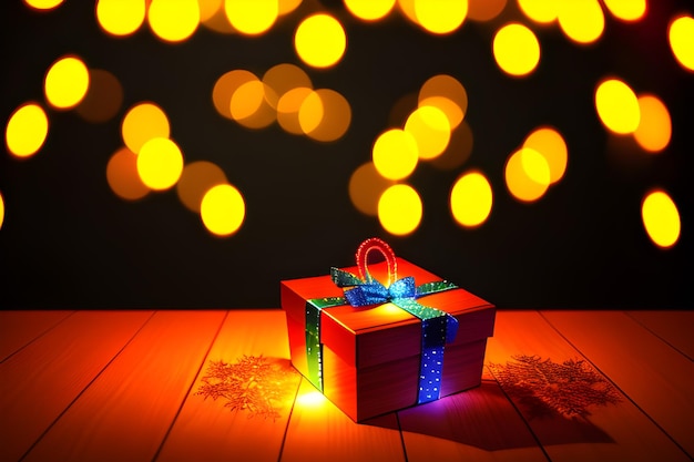 Feestelijke achtergrond met wazig licht lege houten tafel op de voorgrond met helder kaarslicht bokeh met Gift Box AI Generative Illustration