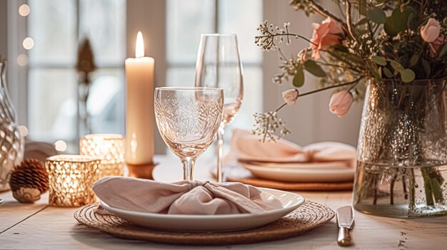 Feestelijke afspraak avond tafels landschap idee diner tafel instelling voor twee en Kerstmis Nieuwjaar Valentijnsdag decor Engelse landelijke huis styling