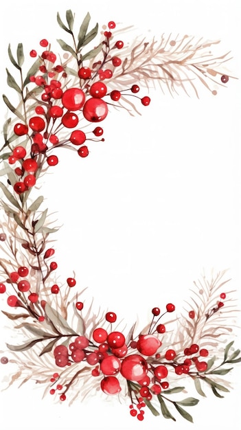 Feestelijke aquarel kerstkrans met rode bessen en een frame