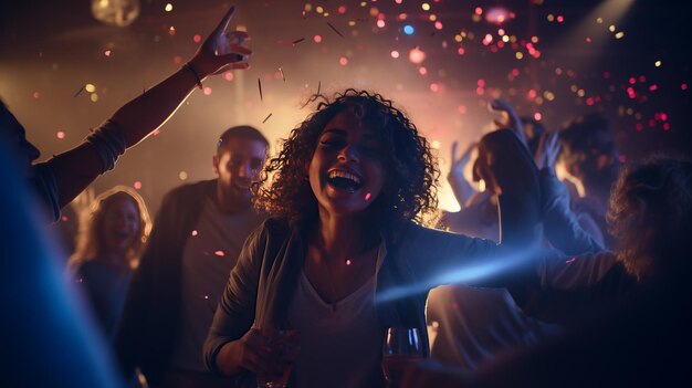 Foto feestelijke avond uit groep mensen dansen, lachen en genieten van nachtclubplezier