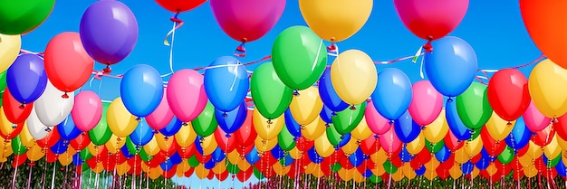 Feestelijke ballonnen voor vakanties en evenementen Kleurrijke en speelse foto met veel ballonnen in verschillende vormen, maten en kleuren die een brede banner voor plezier en vreugde creëren