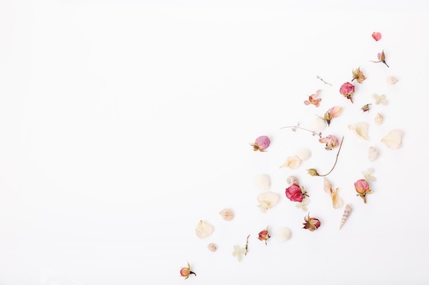 Feestelijke bloemensamenstelling. Frame gemaakt van gedroogde roze bloemen, schelpen, lint op witte achtergrond. Bovenaanzicht, plat gelegd. Ruimte kopiëren. Verjaardag, Moederdag, Valentijnsdag, Dames, Trouwdag concept