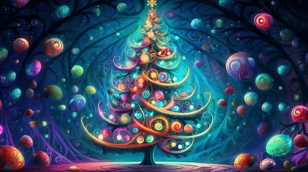 Feestelijke boom met kleurrijke ornamenten en een feestelijke achtergrond