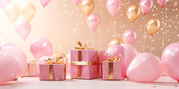 feestelijke cadeau dozen met roze en gouden ballonnen met ruimte voor tekst vakantie verkoop concept