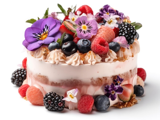 Feestelijke cake met bessen en bloemen op witte generatieve ai