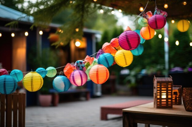 Feestelijke decoraties voor buitenfeest ter ere van Garland gemaakt van gekleurde lantaarns op bomen in de achtertuin