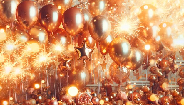 feestelijke feest uitnodiging verjaardag met gouden helium ballonnen streamer confetti lichten fonkelen