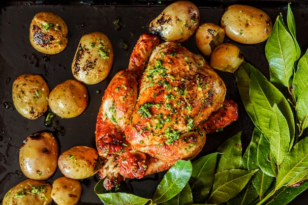 Foto feestelijke gegrilde kalkoen met aardappelen en kruiden