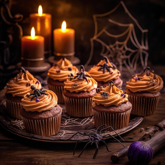 Feestelijke Halloween cupcakes en lekkernijen versierd met hagelslag en snoep