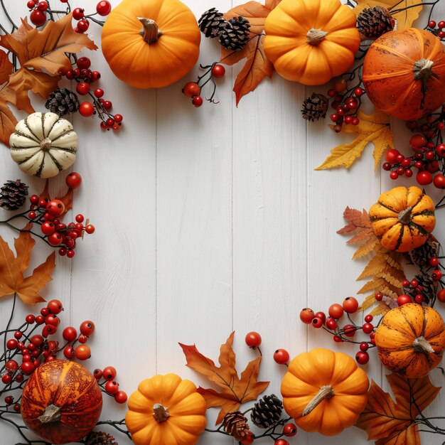 Foto feestelijke halloween decoratie van pompoen bessen en herfst bladeren op witte houten achtergrond