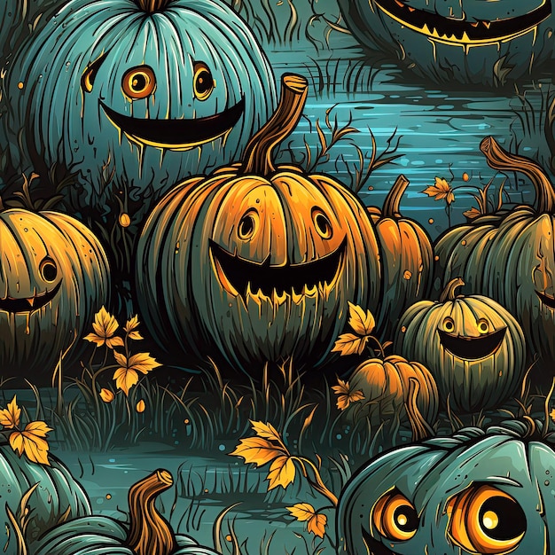feestelijke Halloween-wenskaart met een groep enge pompoenen 's nachts Naadloos textuurornament