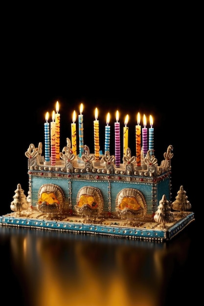 Feestelijke hanukkah menorah met aangestoken kaarsen gemaakt met generatieve ai