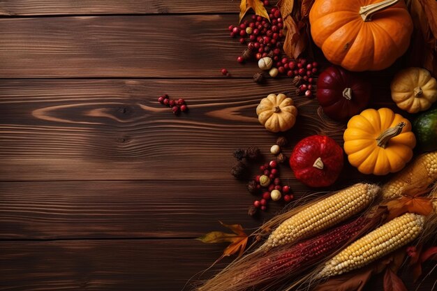 Foto feestelijke herfstcompositie van pompoenen en kleurrijke bladeren op een donkere houten achtergrond thanksgiving