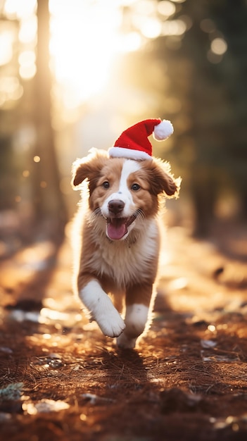 Feestelijke hond in een kersthoed in het bos