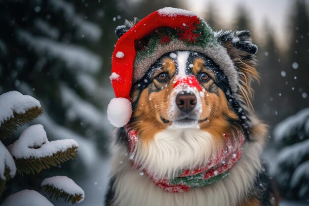 Feestelijke hond in winterkleding die in de sneeuw speelt Generatieve AI