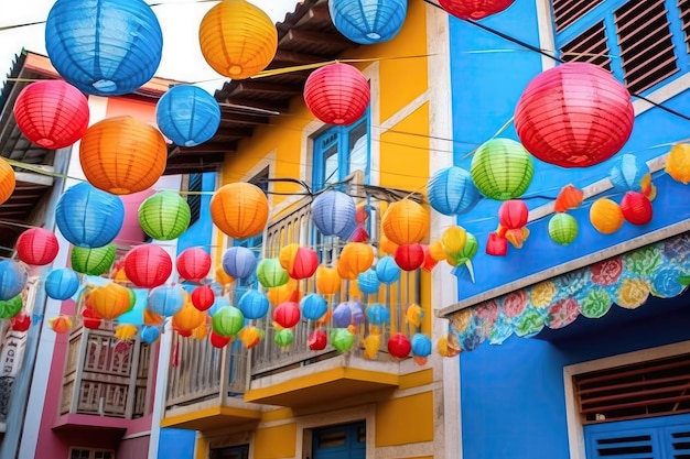 Feestelijke Junina-viering Kleurrijke ballonnen sieren de straat Generatieve AI