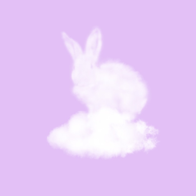 Feestelijke kaart met pluizig Pasen konijn gemaakt van witte wolk op een pastel lavendel oppervlak, kopieer ruimte. Felicitatie Happy Easter card.