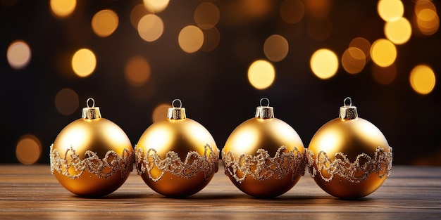 Feestelijke kerst avond viering vakantie feestdagen banner groetkaart gouden donkergroene ornamenten kerstballen op houten tafel met bokeh lichten op de achtergrond
