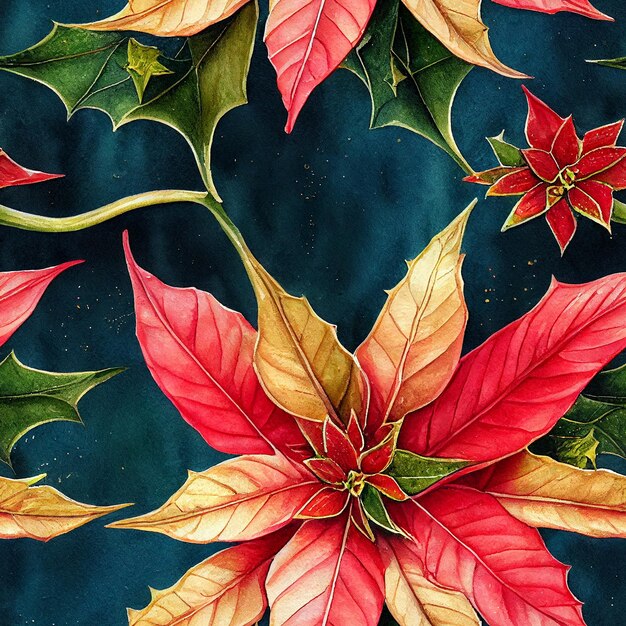 Feestelijke kerst bloemen en planten. Naadloos herhalend patroon. Digitale aquarel