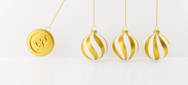 Feestelijke kerstbal met 3D-gouden munten. balancerende ballen.