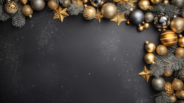 Feestelijke Kerstdecoratie achtergrond Over schoolbord goud en zilver sneeuwvlokken ornamenten den