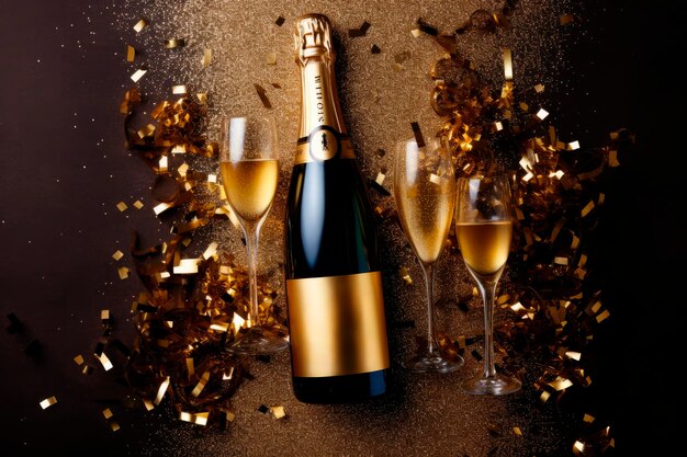 Feestelijke Kerstmis en Nieuwjaar achtergrond met gouden champagnefles en glazen feestversieringen met confetti op donkere achtergrond