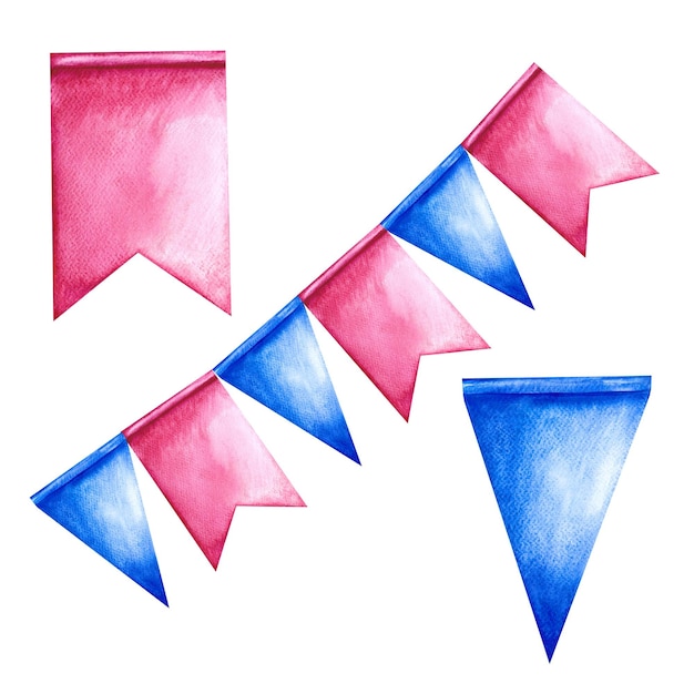 feestelijke kransen van vlaggen roze en blauw handgemaakte aquarel illustratie