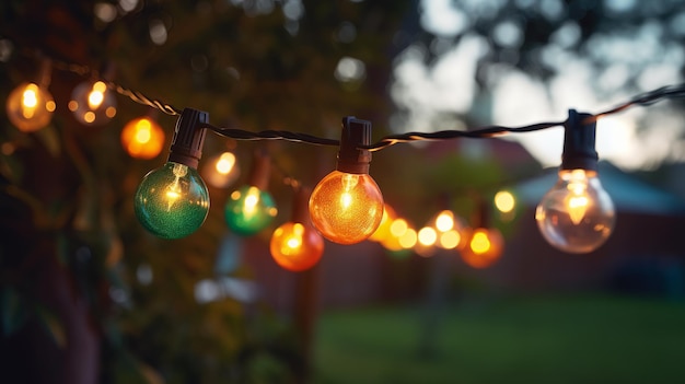 Feestelijke lichtslingers die in een achtertuin hangen op een bokeh-achtergrond, perfect voor feestjes Generatieve AI