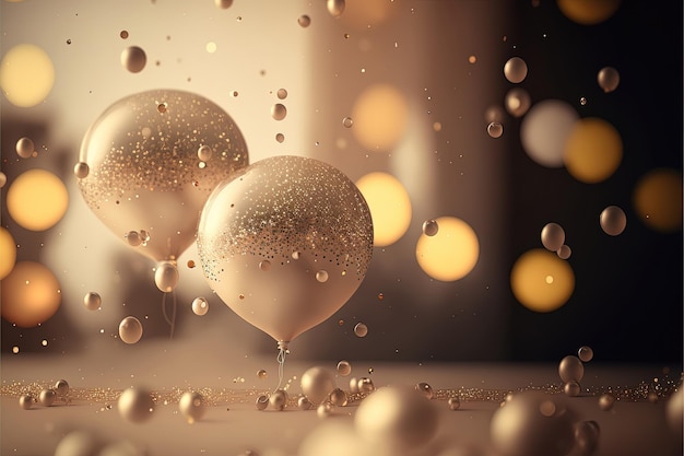 Feestelijke luxe achtergrond met gouden opblaasbare ballonnen confetti onscherpe achtergrond met bokeh effect Ai gegenereerd