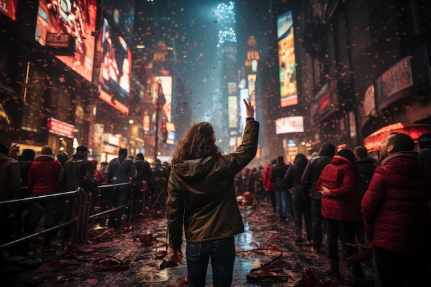 Feestelijke Nieuwjaars scène vuurwerk toasts en Times Square bal drop