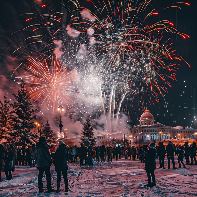 Feestelijke Nieuwjaarsfeest met vuurwerk in een besneeuwde omgeving