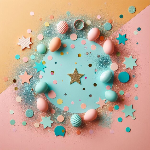 Foto feestelijke paas achtergrond met confetti sprankelende en paaseieren vector illustratie