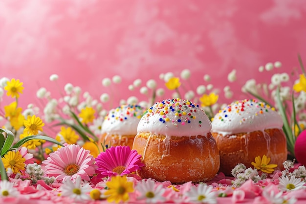 Foto feestelijke paastaart met bloemen op roze achtergrond