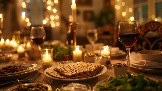 Feestelijke Pascha-tafel met traditionele Sederplaat wijn en elegant kaarslicht