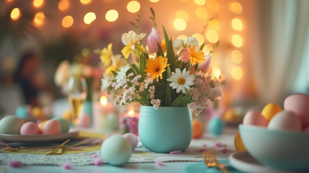 Feestelijke Pasen geserveerd tafel inrichting met geschilderde eieren boeket bloemen in de kamer